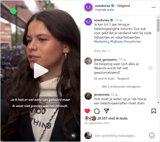 NOS Stories maakte een item op Instagram waarin jongeren gevraagd werden of ze al hun belastingaangifte doen.